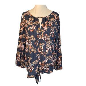 Beacon Apparel Floral Print Blouse Navy Blue Long Sleeve Keyhole V-Neck M